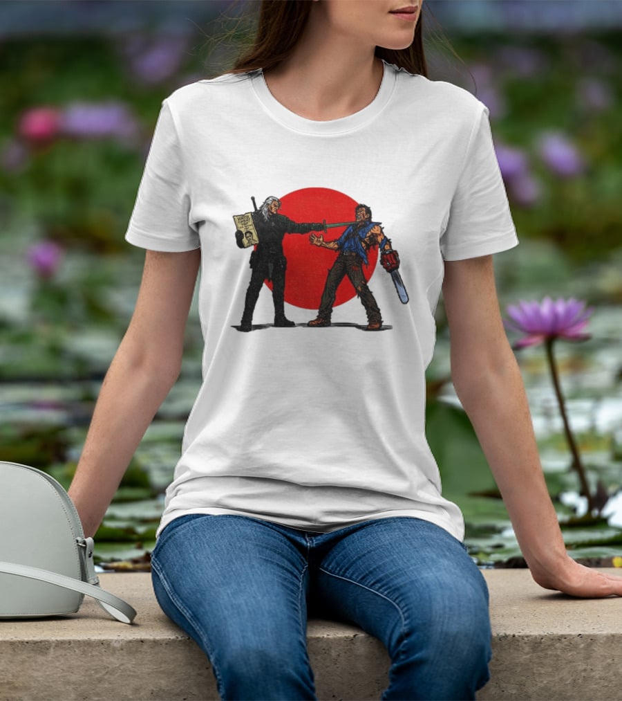 Geralt Vs Ash Evil Dead Or Alive Red Circle Showdown T-Shirt
