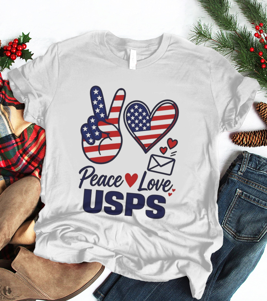 Peace Love USPS American Flag Heart And Mail T-Shirt