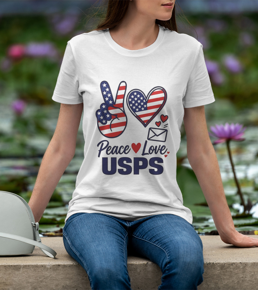 Peace Love USPS American Flag Heart And Mail T-Shirt