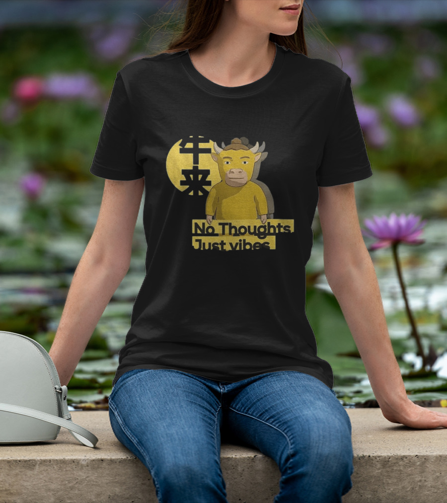Niu Lai No Thoughts Just Vibes Yellow Cow Humor T-Shirt