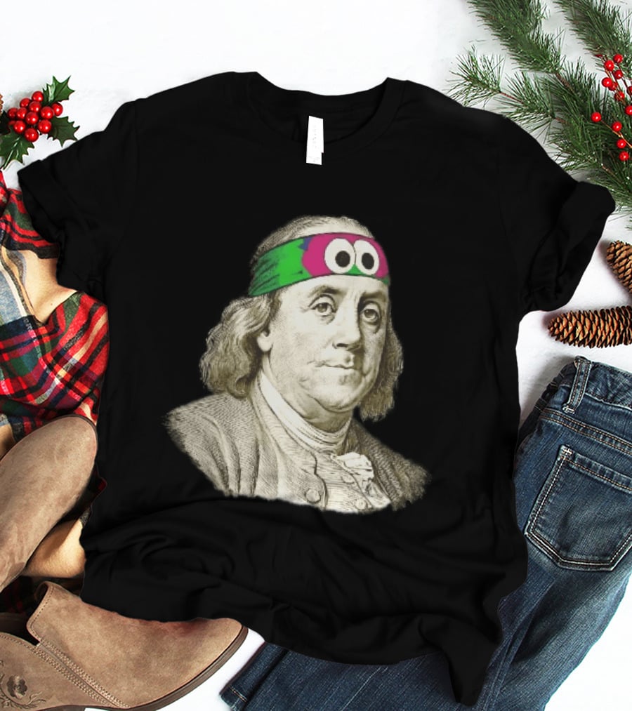 Benjamin Franklin Cartoon With Colorful Ninja Headband And Googly Eyes T-Shirt