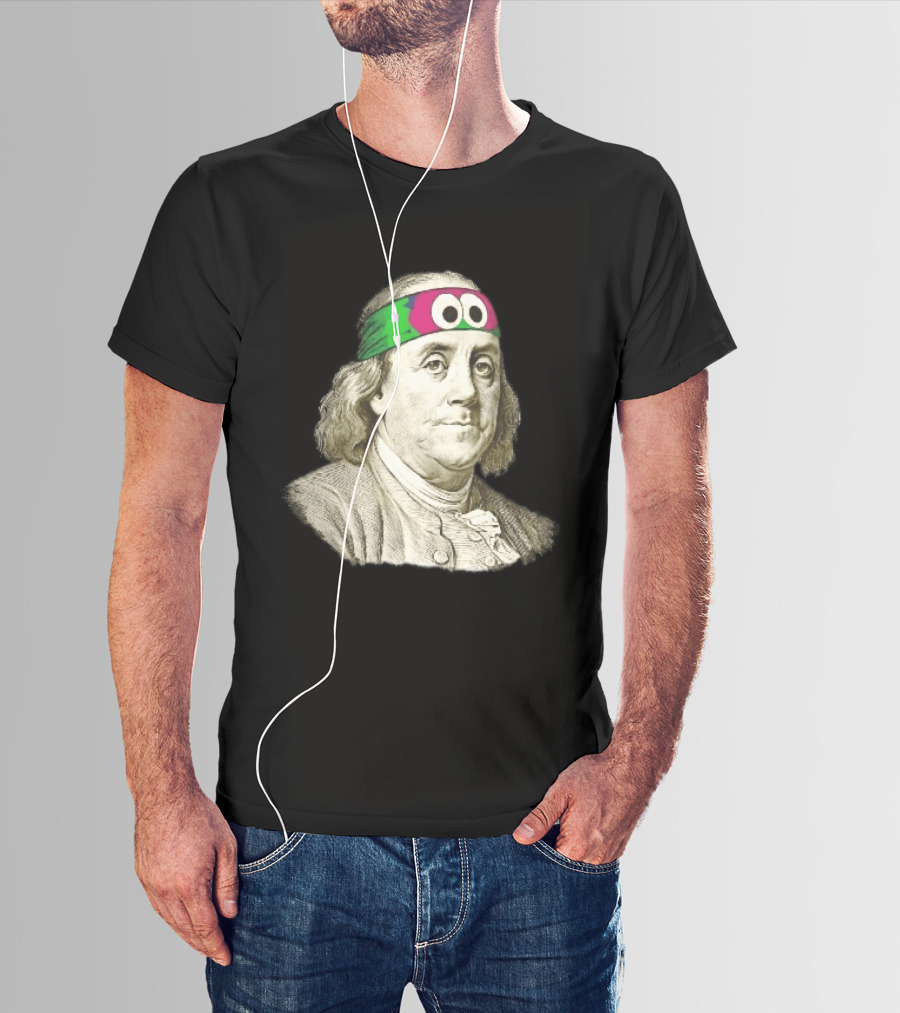 Benjamin Franklin Cartoon With Colorful Ninja Headband And Googly Eyes T-Shirt