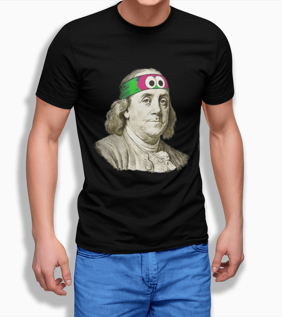 Benjamin Franklin Cartoon With Colorful Ninja Headband And Googly Eyes T-Shirt
