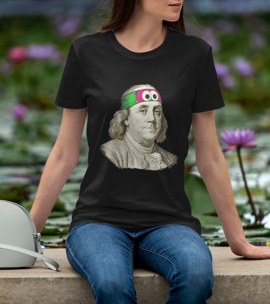Benjamin Franklin Cartoon With Colorful Ninja Headband And Googly Eyes T-Shirt