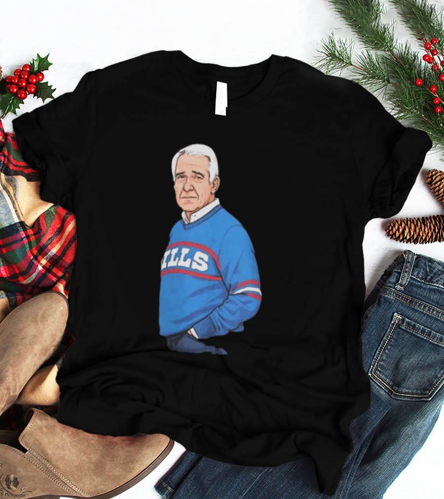 Buffalo Bills Coach Marv Levy Caricature In Blue Sweater With Team Name T-Shirt