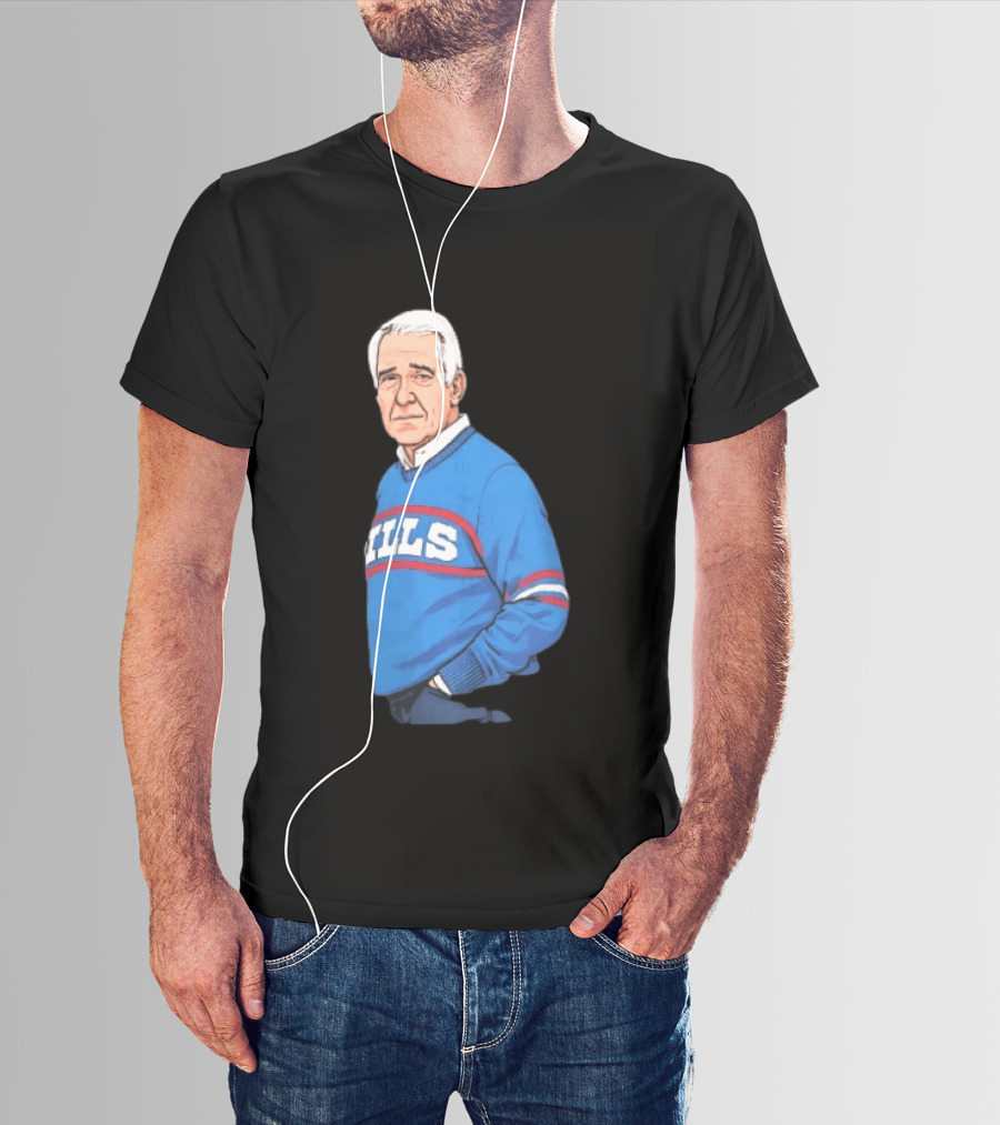 Buffalo Bills Coach Marv Levy Caricature In Blue Sweater With Team Name T-Shirt