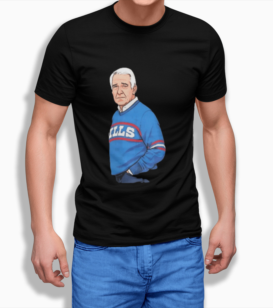 Buffalo Bills Coach Marv Levy Caricature In Blue Sweater With Team Name T-Shirt