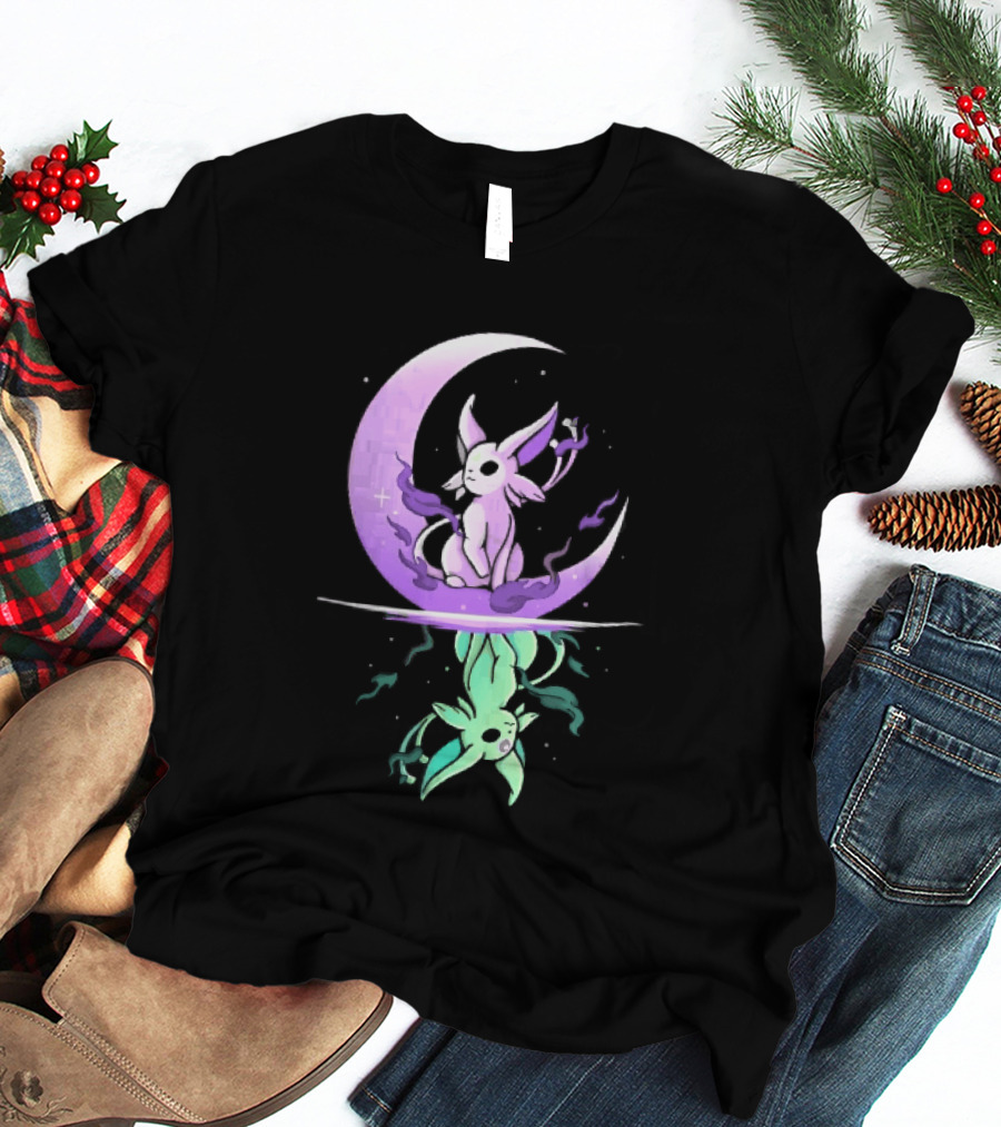 Cartoon Purple Espeon On Crescent Moon With Green Reflection T-Shirt