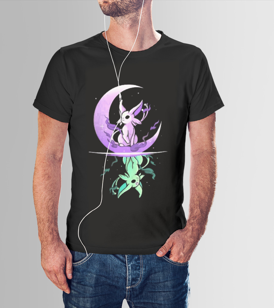 Cartoon Purple Espeon On Crescent Moon With Green Reflection T-Shirt