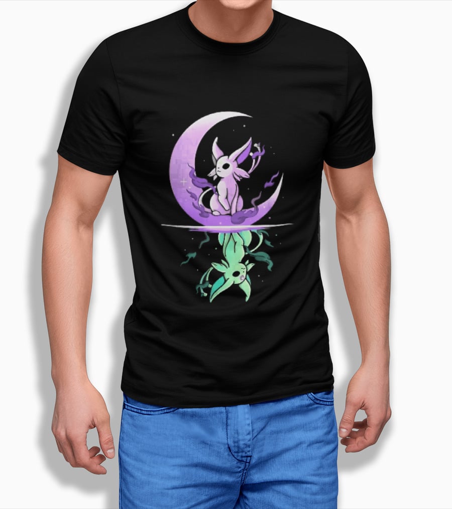 Cartoon Purple Espeon On Crescent Moon With Green Reflection T-Shirt