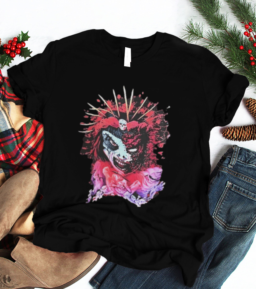 Demonic Japanese Geisha Skull Crown With Red Paint Splatter And Floral T-Shirt