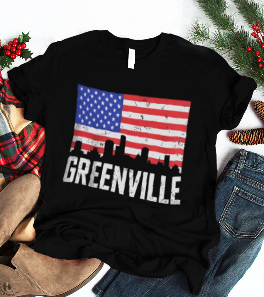 Greenville Skyline American Flag Cityscape T-Shirt