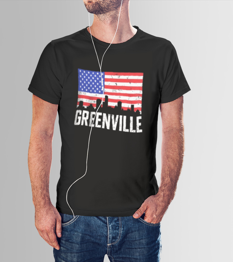 Greenville Skyline American Flag Cityscape T-Shirt