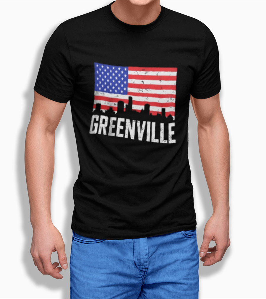 Greenville Skyline American Flag Cityscape T-Shirt