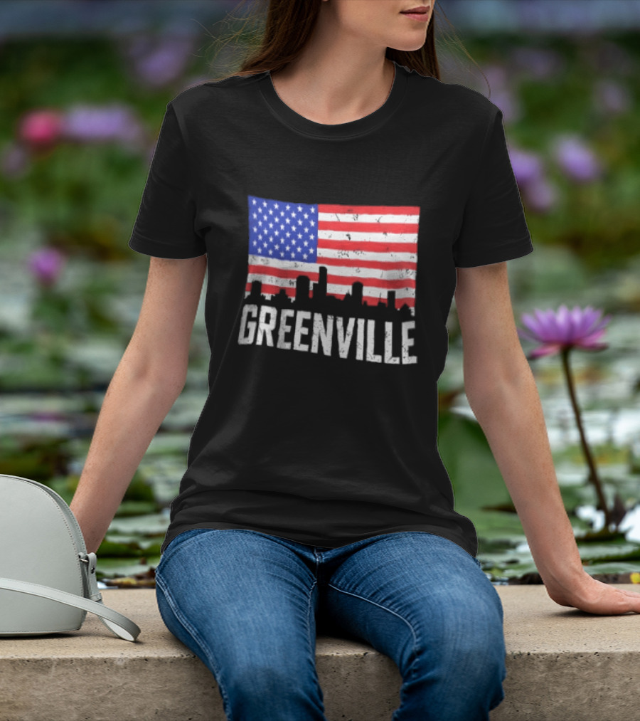 Greenville Skyline American Flag Cityscape T-Shirt
