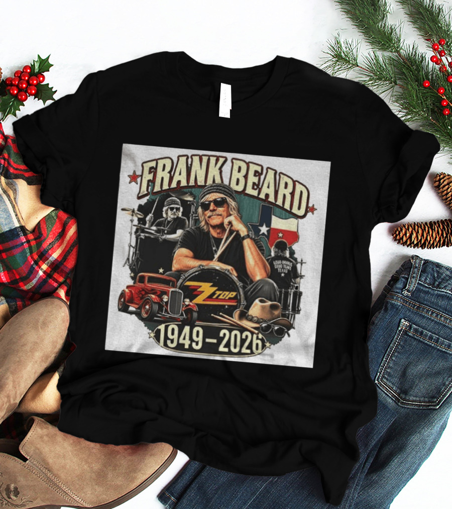 Frank Beard ZZ Top Rock Texas Drummer 1949 2026 Vintage Car And Drumsticks T-Shirt