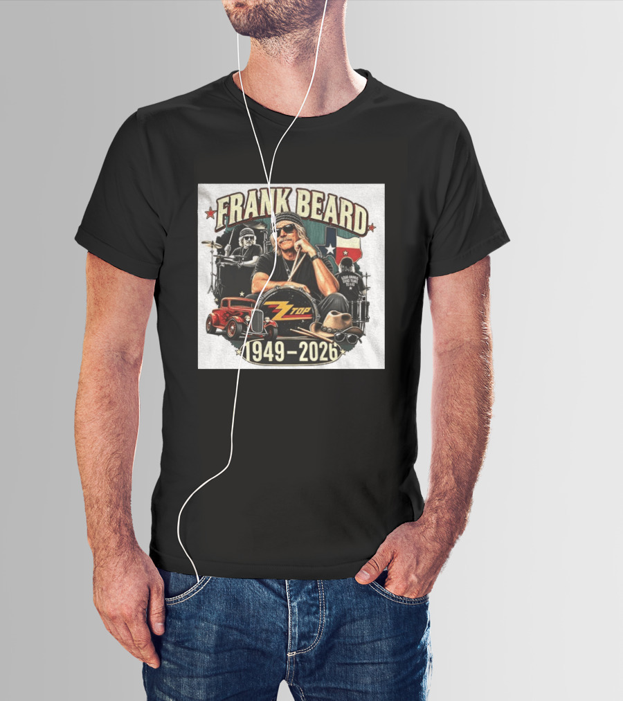 Frank Beard ZZ Top Rock Texas Drummer 1949 2026 Vintage Car And Drumsticks T-Shirt