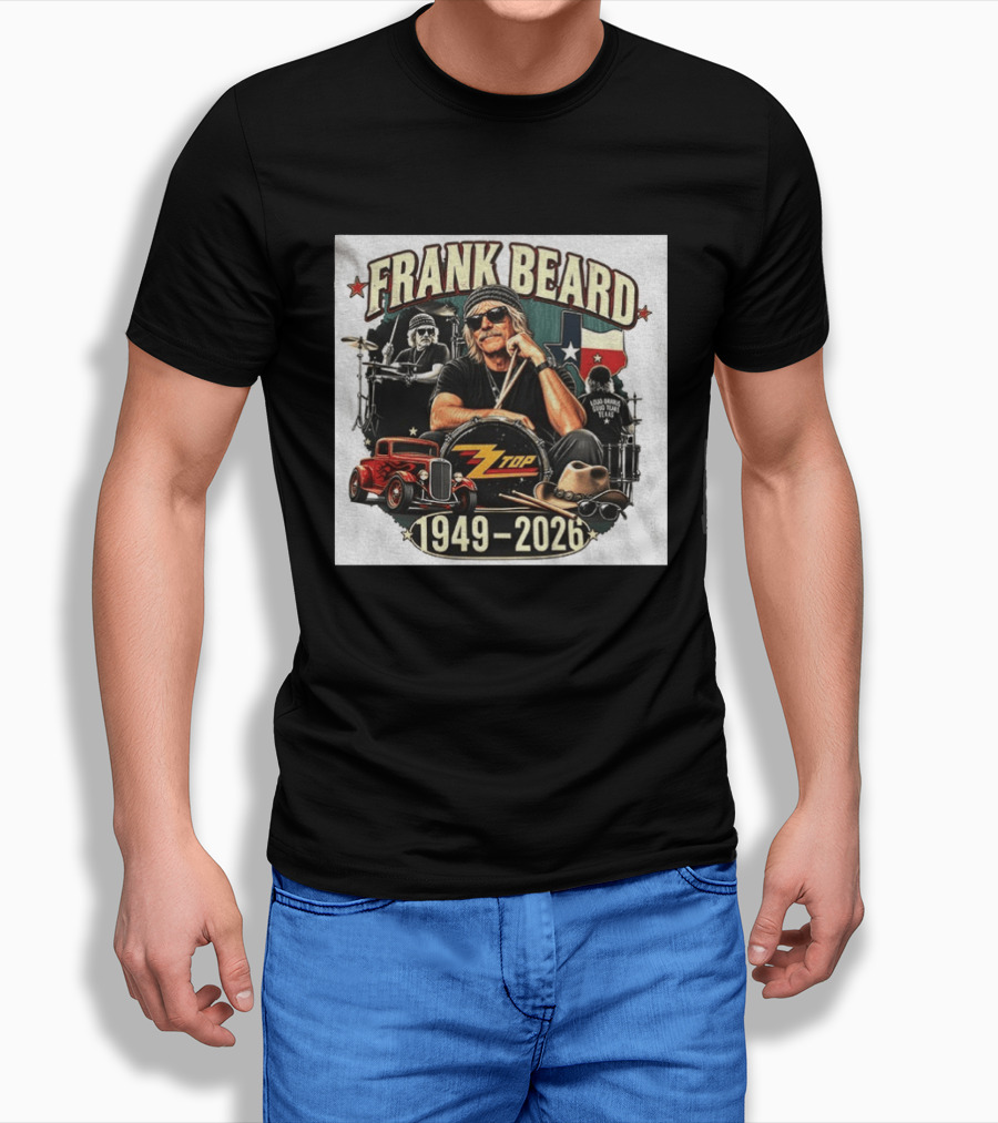 Frank Beard ZZ Top Rock Texas Drummer 1949 2026 Vintage Car And Drumsticks T-Shirt