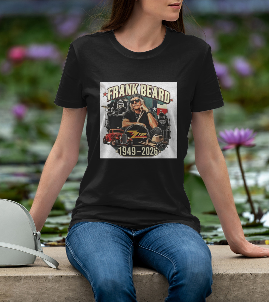 Frank Beard ZZ Top Rock Texas Drummer 1949 2026 Vintage Car And Drumsticks T-Shirt