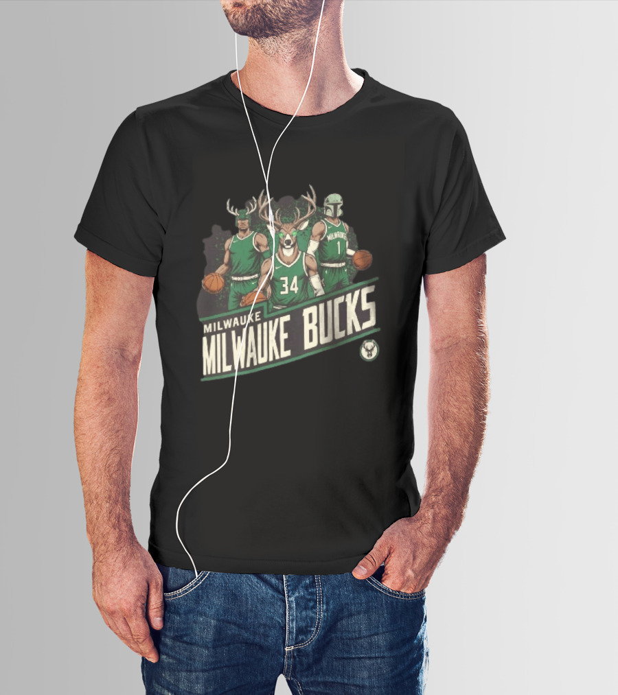 Milwaukee Bucks NBA Antler Helmet Buck Head Mandalorian Basketball Players T-Shirt