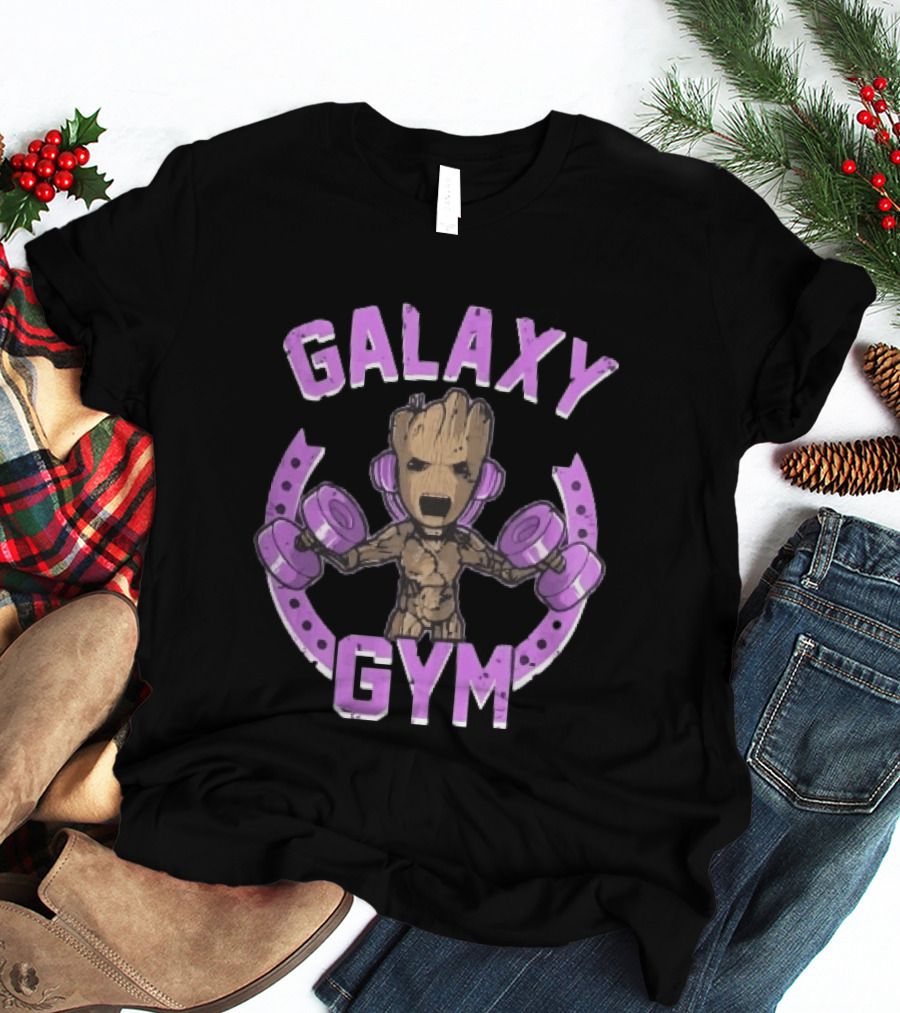 Galaxy Gym Cartoon Tree Lifting Dumbbells Headphones T-Shirt