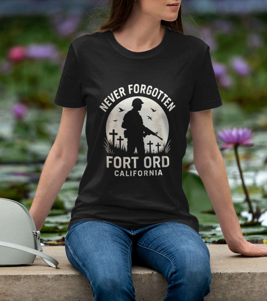 Never Forgotten Fort Ord California Soldier Moon Crosses Birds T-Shirt