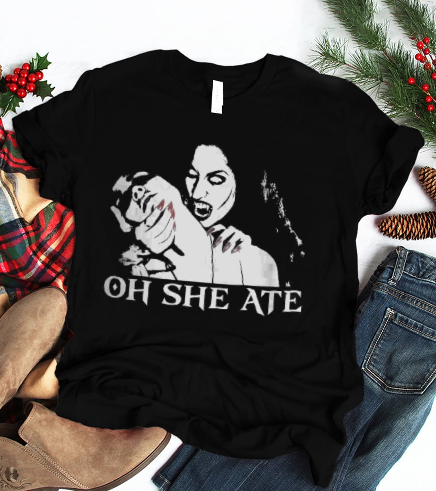 Oh She Ate Female Vampire Biting Neck Red Nails Stencil T-Shirt