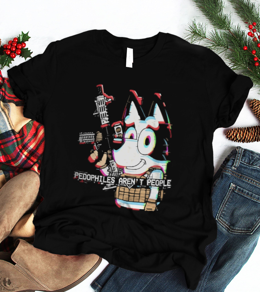 Pedophiles Aren't People Cartoon Dog Tactical Vest Assault Rifle Glitch Effect T-Shirt