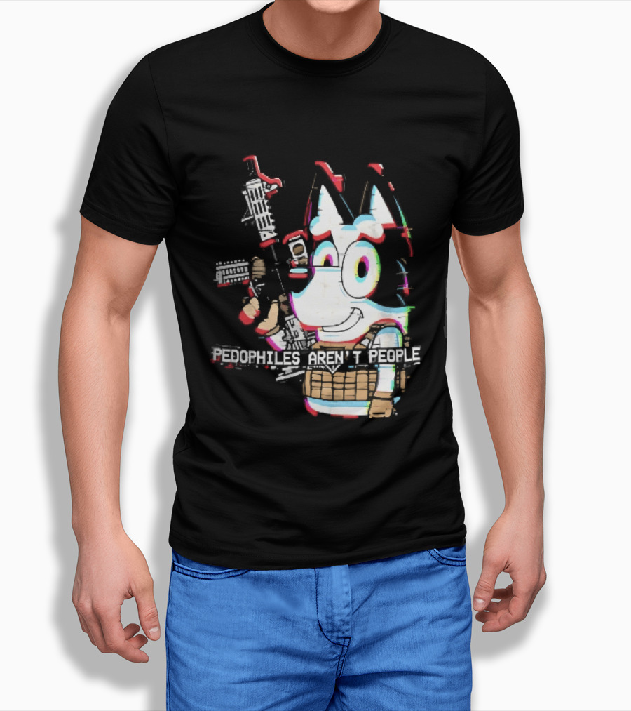 Pedophiles Aren't People Cartoon Dog Tactical Vest Assault Rifle Glitch Effect T-Shirt