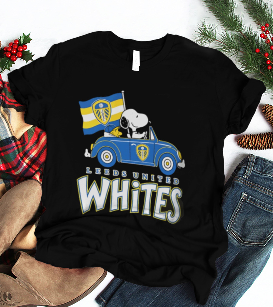 Leeds United Whites Snoopy Car Driving With Flag T-Shirt