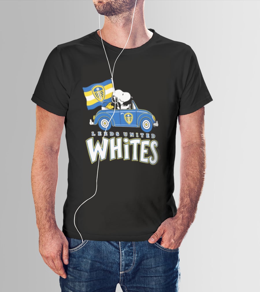 Leeds United Whites Snoopy Car Driving With Flag T-Shirt