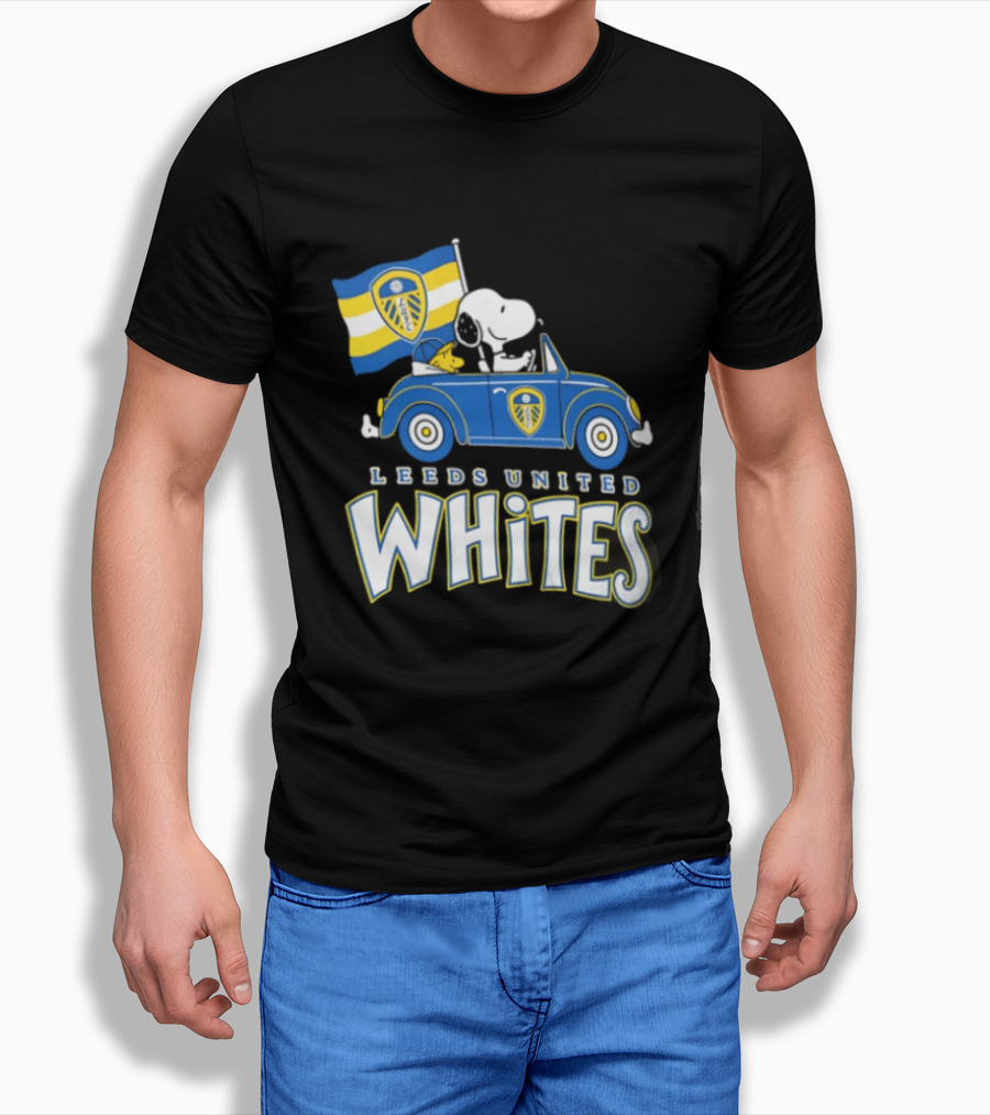 Leeds United Whites Snoopy Car Driving With Flag T-Shirt