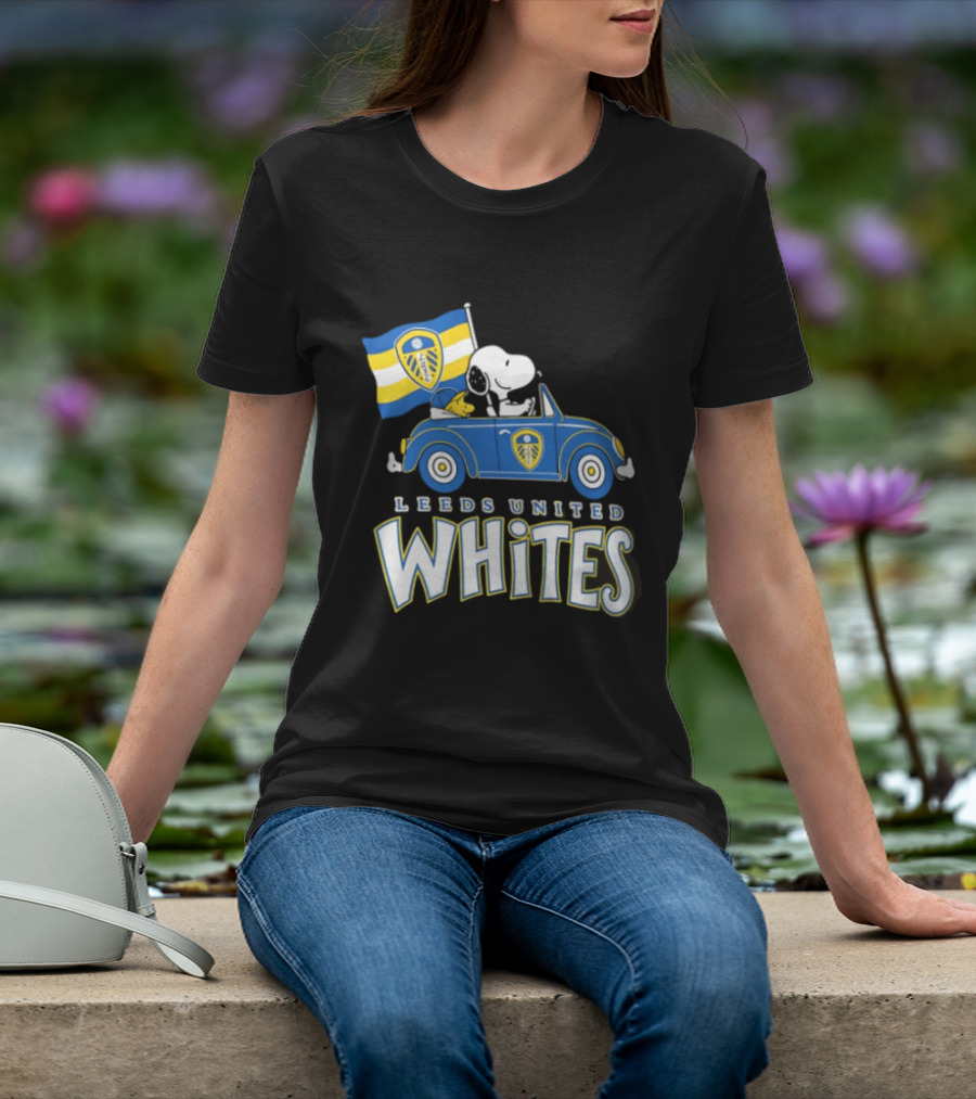 Leeds United Whites Snoopy Car Driving With Flag T-Shirt