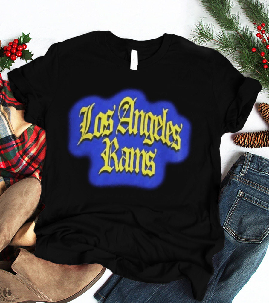 Los Angeles Rams Yellow Gothic Letters Blue Aura T-Shirt