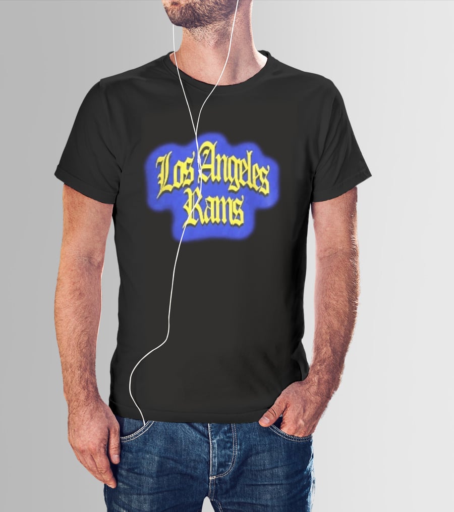 Los Angeles Rams Yellow Gothic Letters Blue Aura T-Shirt