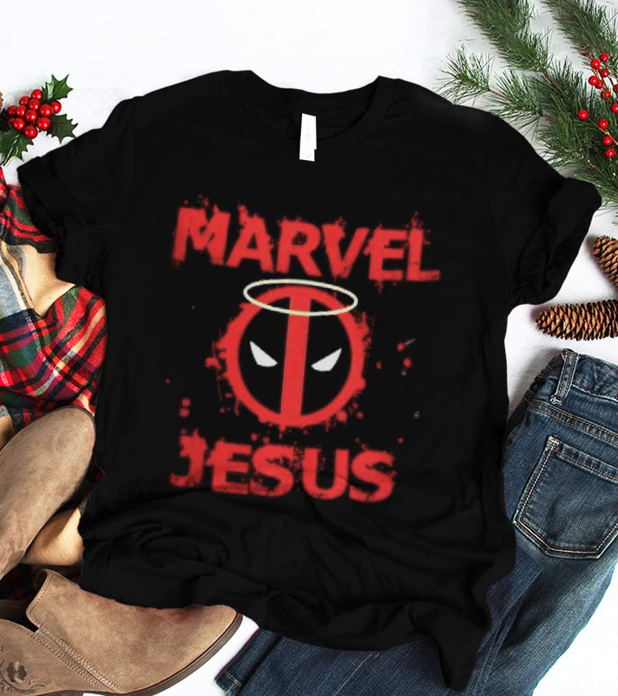 Marvel Jesus Distressed Deadpool Mask Yellow Halo Splatter T-Shirt