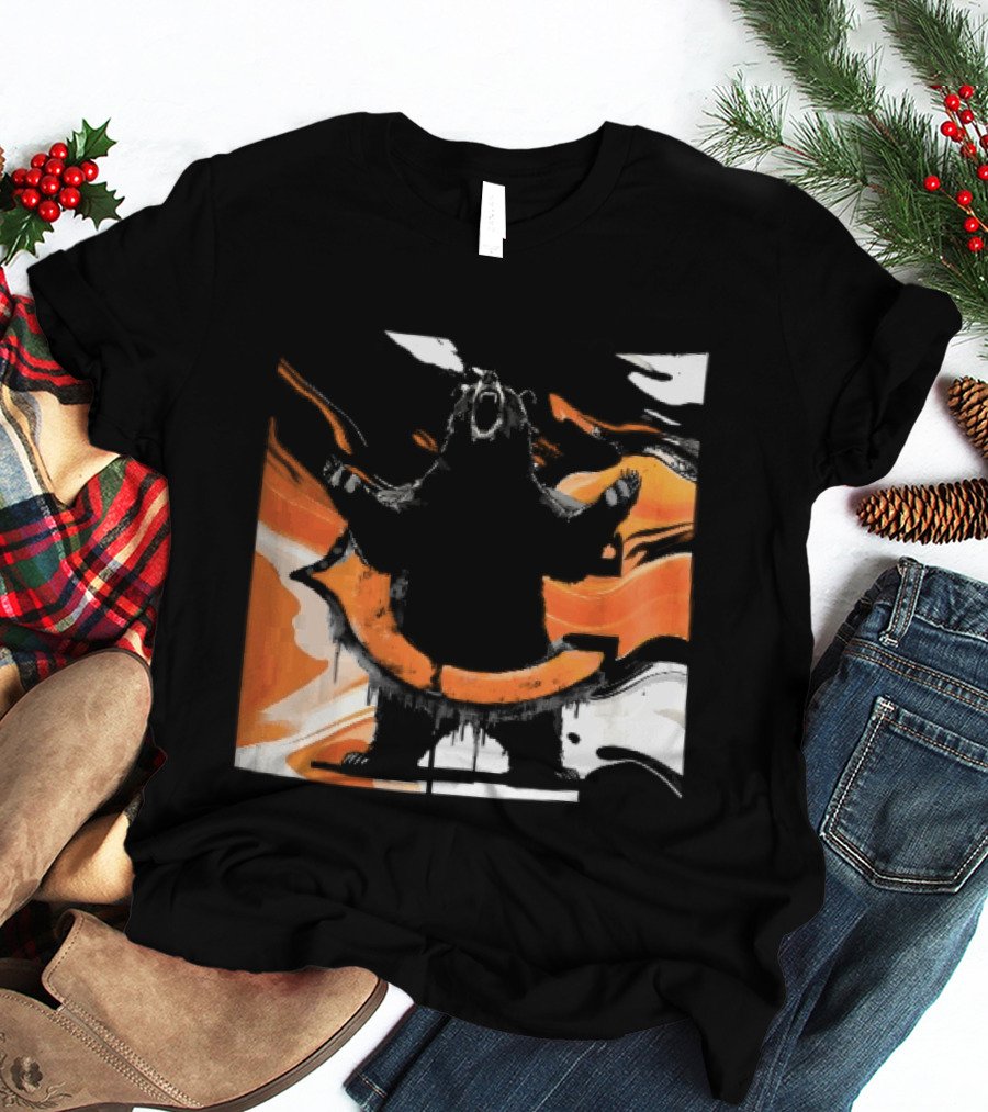 Roaring Black Bear Orange Liquid Swirls Dripping Banner T-Shirt