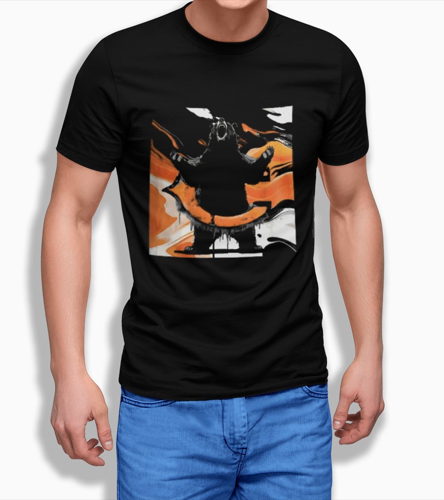 Roaring Black Bear Orange Liquid Swirls Dripping Banner T-Shirt