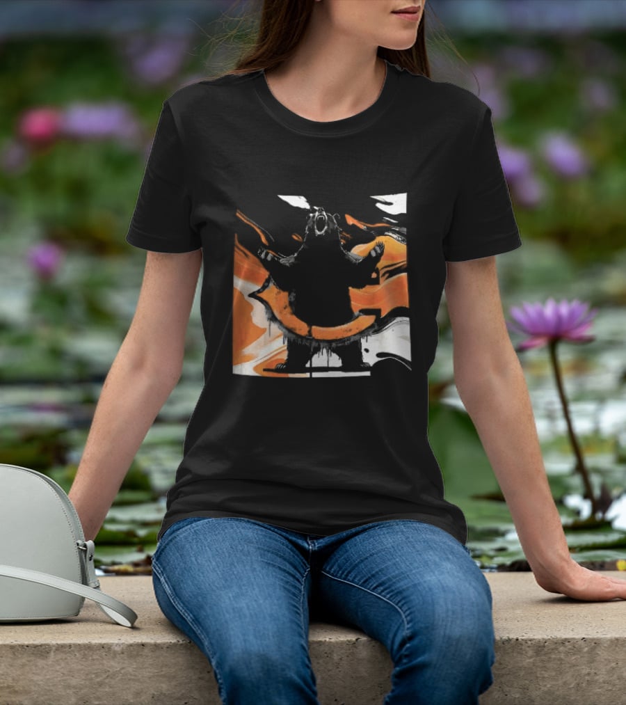 Roaring Black Bear Orange Liquid Swirls Dripping Banner T-Shirt