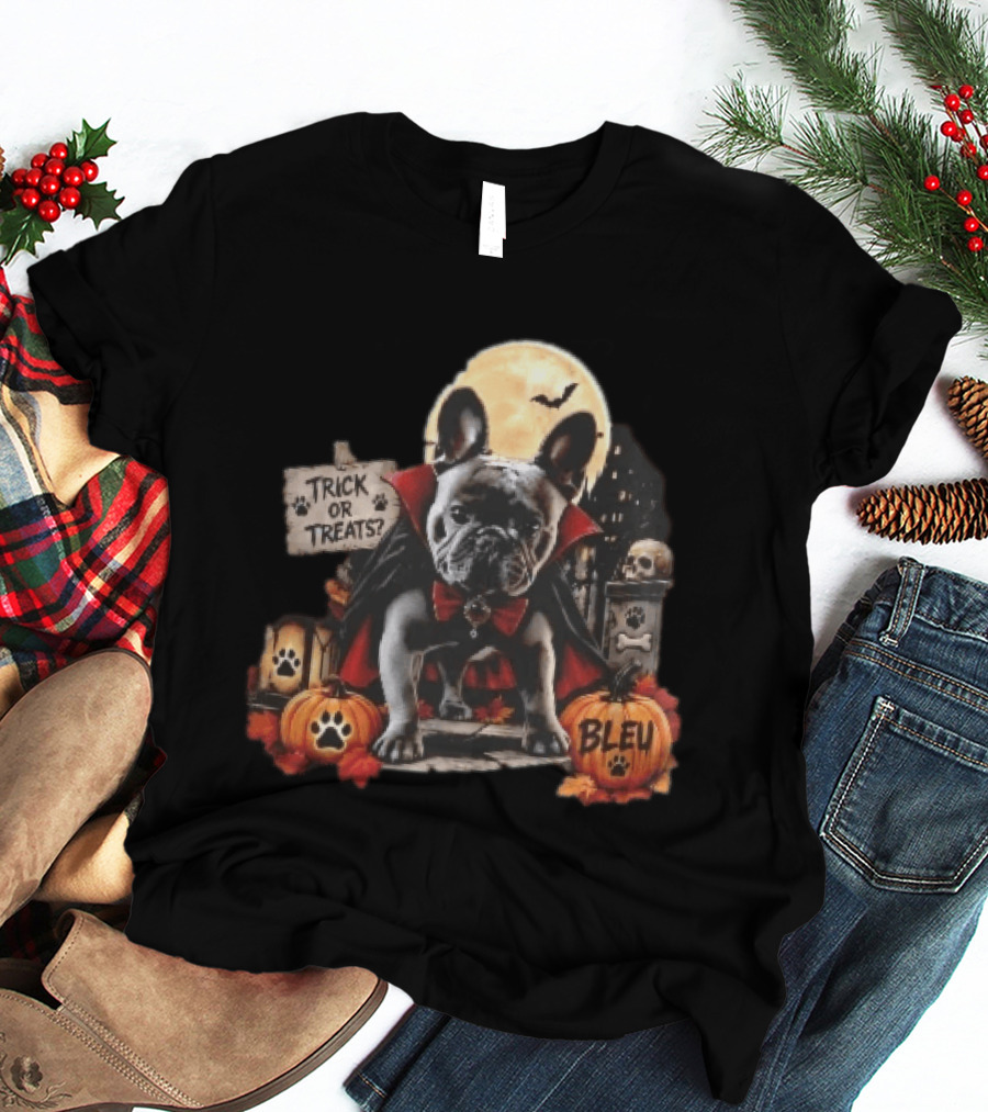 Trick Or Treats Bleu French Bulldog Vampire Cape Moon Pumpkins Halloween Scene T-Shirt