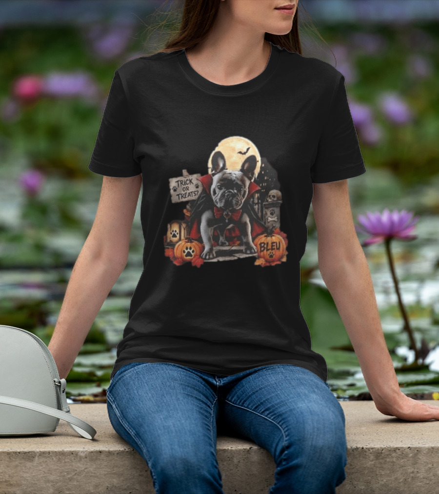Trick Or Treats Bleu French Bulldog Vampire Cape Moon Pumpkins Halloween Scene T-Shirt