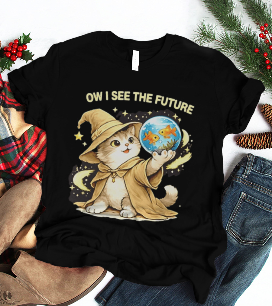 Wizard Cat Halloween Ow I See The Future Goldfish T-Shirt