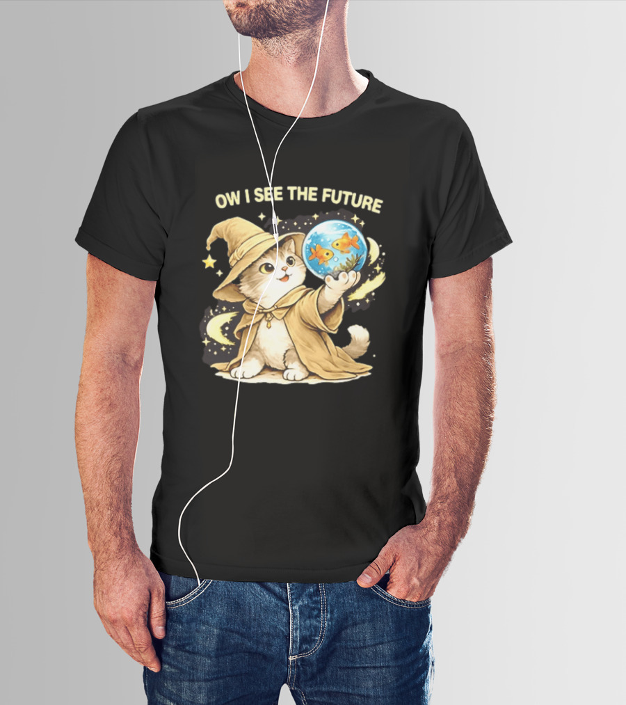 Wizard Cat Halloween Ow I See The Future Goldfish T-Shirt