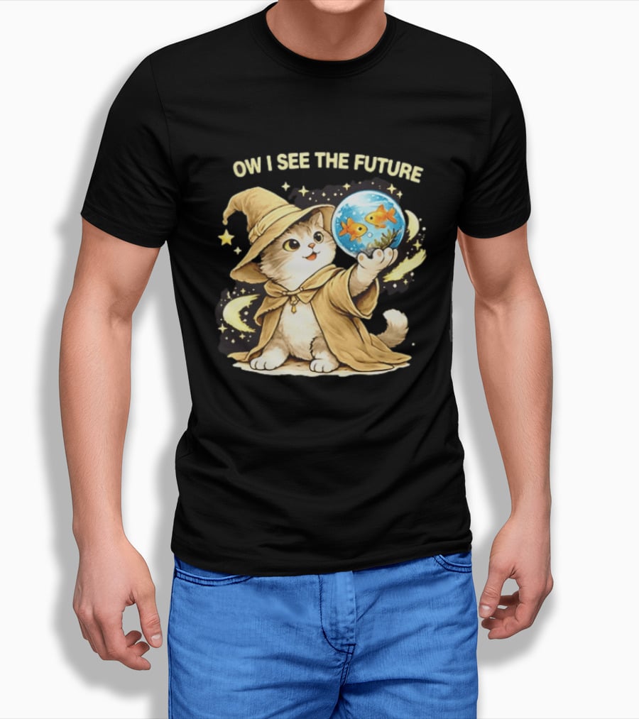 Wizard Cat Halloween Ow I See The Future Goldfish T-Shirt