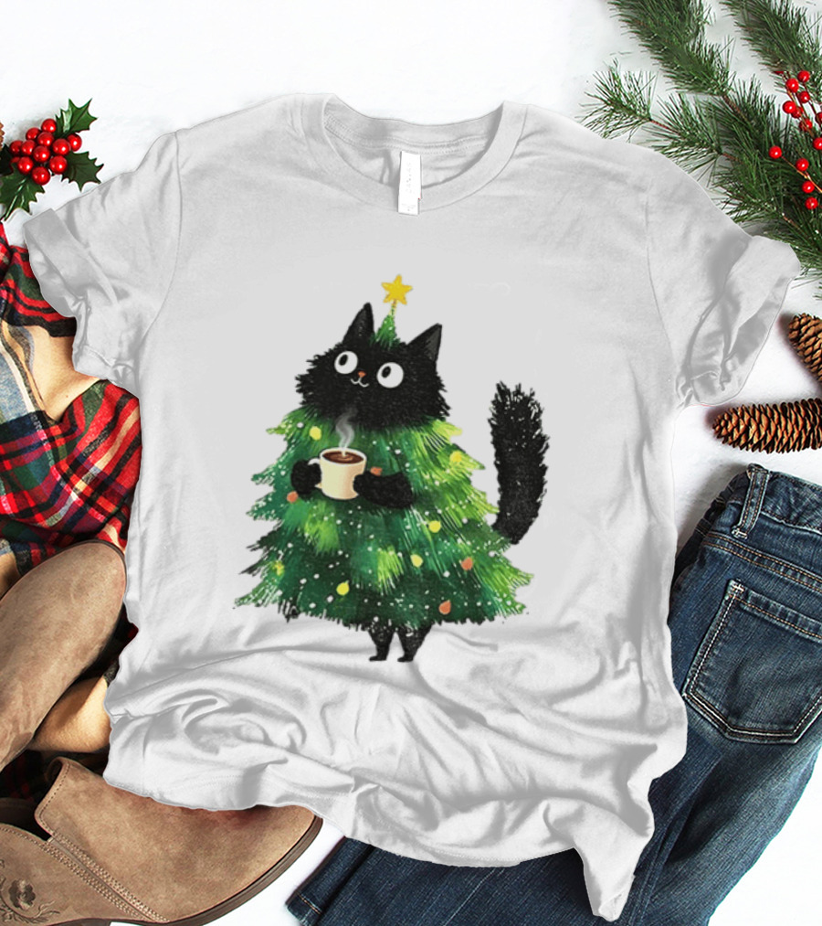 Black Cat Christmas Tree With Hot Coffee Cup T-Shirt