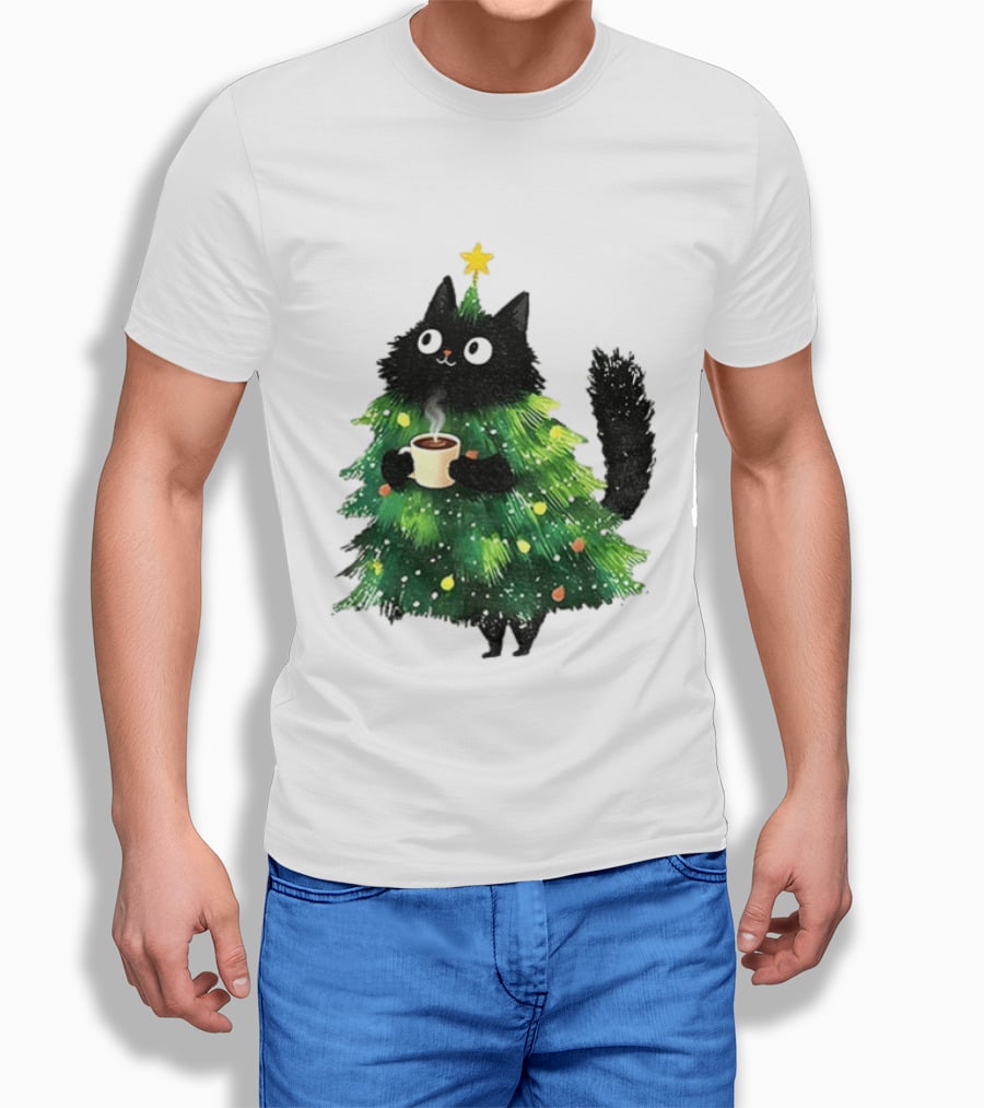 Black Cat Christmas Tree With Hot Coffee Cup T-Shirt