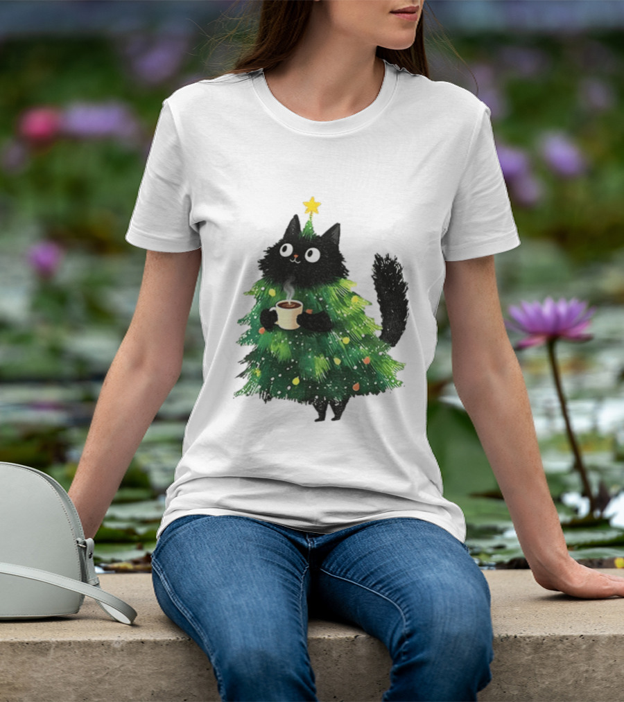 Black Cat Christmas Tree With Hot Coffee Cup T-Shirt