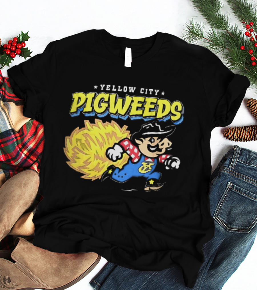 Yellow City Pigweeds Cartoon Cowboy Overalls Tumbleweed Running T-Shirt