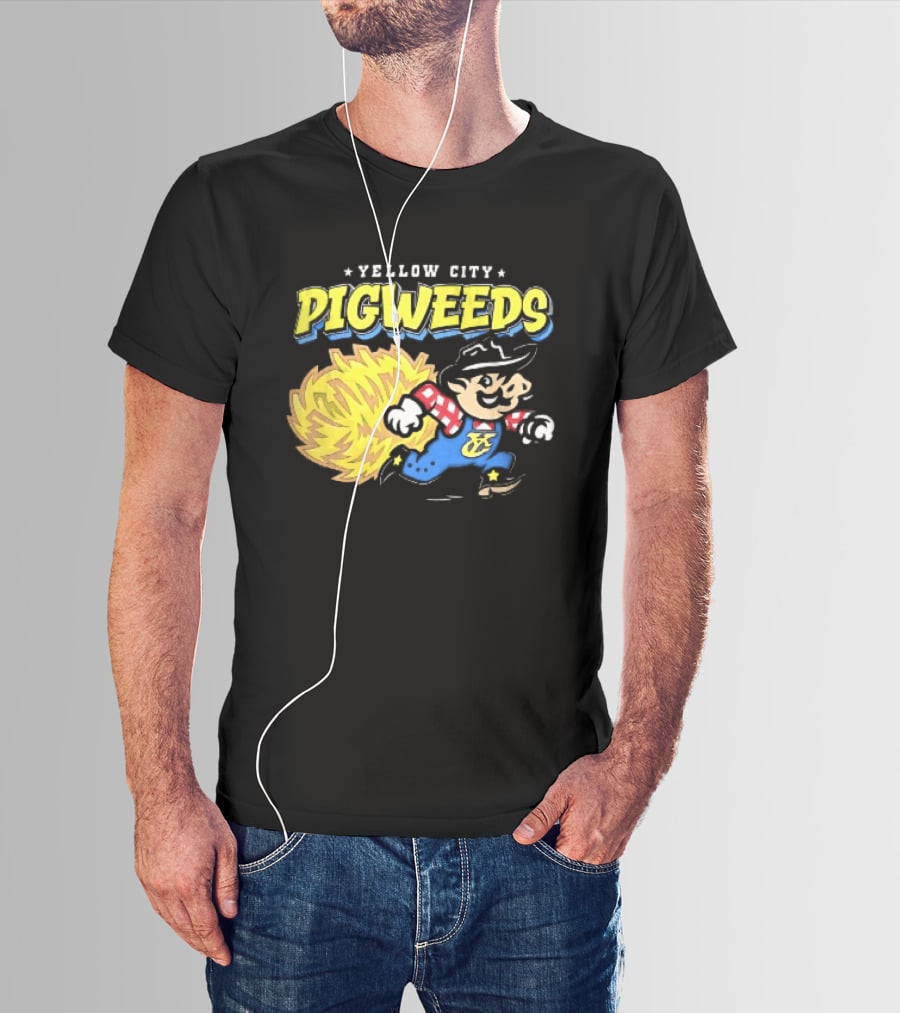 Yellow City Pigweeds Cartoon Cowboy Overalls Tumbleweed Running T-Shirt