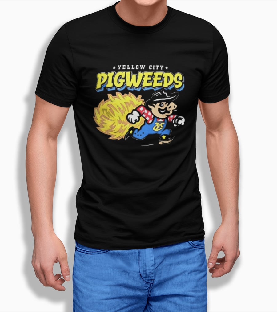 Yellow City Pigweeds Cartoon Cowboy Overalls Tumbleweed Running T-Shirt